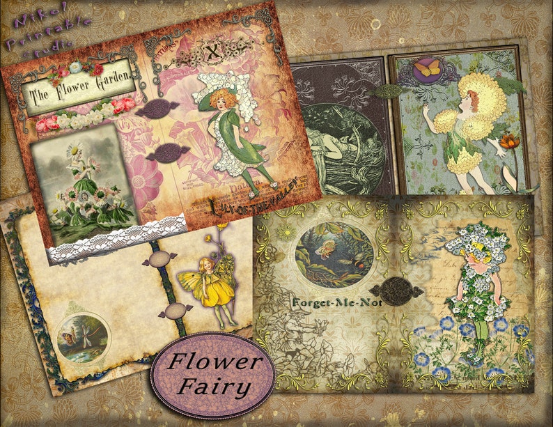 Victorian Digital Paper Junk Journal Flower Fairy Pages Printable Gluebook Scrapbooks, Printable Digital Kit for Journals