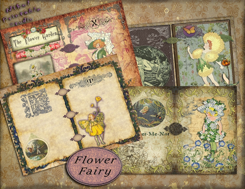 Victorian Digital Paper Junk Journal Flower Fairy Pages Printable Gluebook Scrapbooks, Printable Digital Kit for Journals