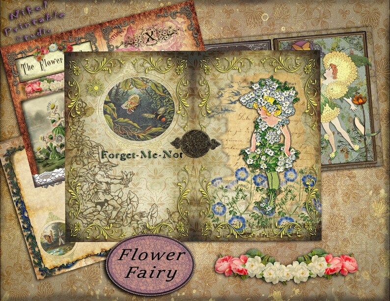 Victorian Digital Paper Junk Journal Flower Fairy Pages Printable Gluebook Scrapbooks, Printable Digital Kit for Journals