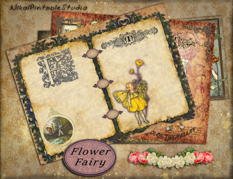 Victorian Digital Paper Junk Journal Flower Fairy Pages Printable Gluebook Scrapbooks, Printable Digital Kit for Journals