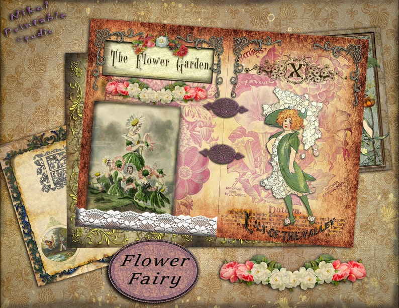 Victorian Digital Paper Junk Journal Flower Fairy Pages Printable Gluebook Scrapbooks, Printable Digital Kit for Journals