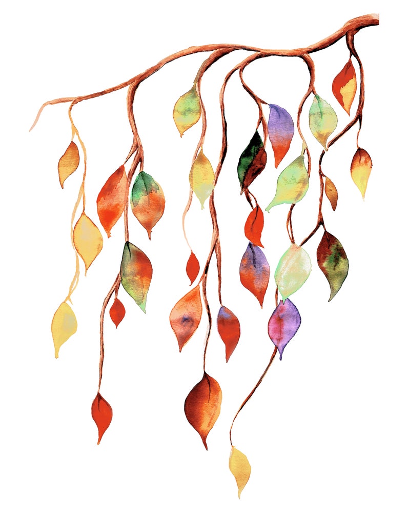 Hanging Leaves Colorful Watercolor Printable Fall Art Instant Etsy
