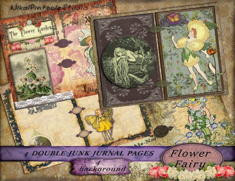 Victorian Digital Paper Junk Journal Flower Fairy Pages Printable Gluebook Scrapbooks, Printable Digital Kit for Journals