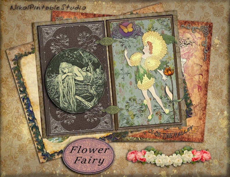 Victorian Digital Paper Junk Journal Flower Fairy Pages Printable Gluebook Scrapbooks, Printable Digital Kit for Journals
