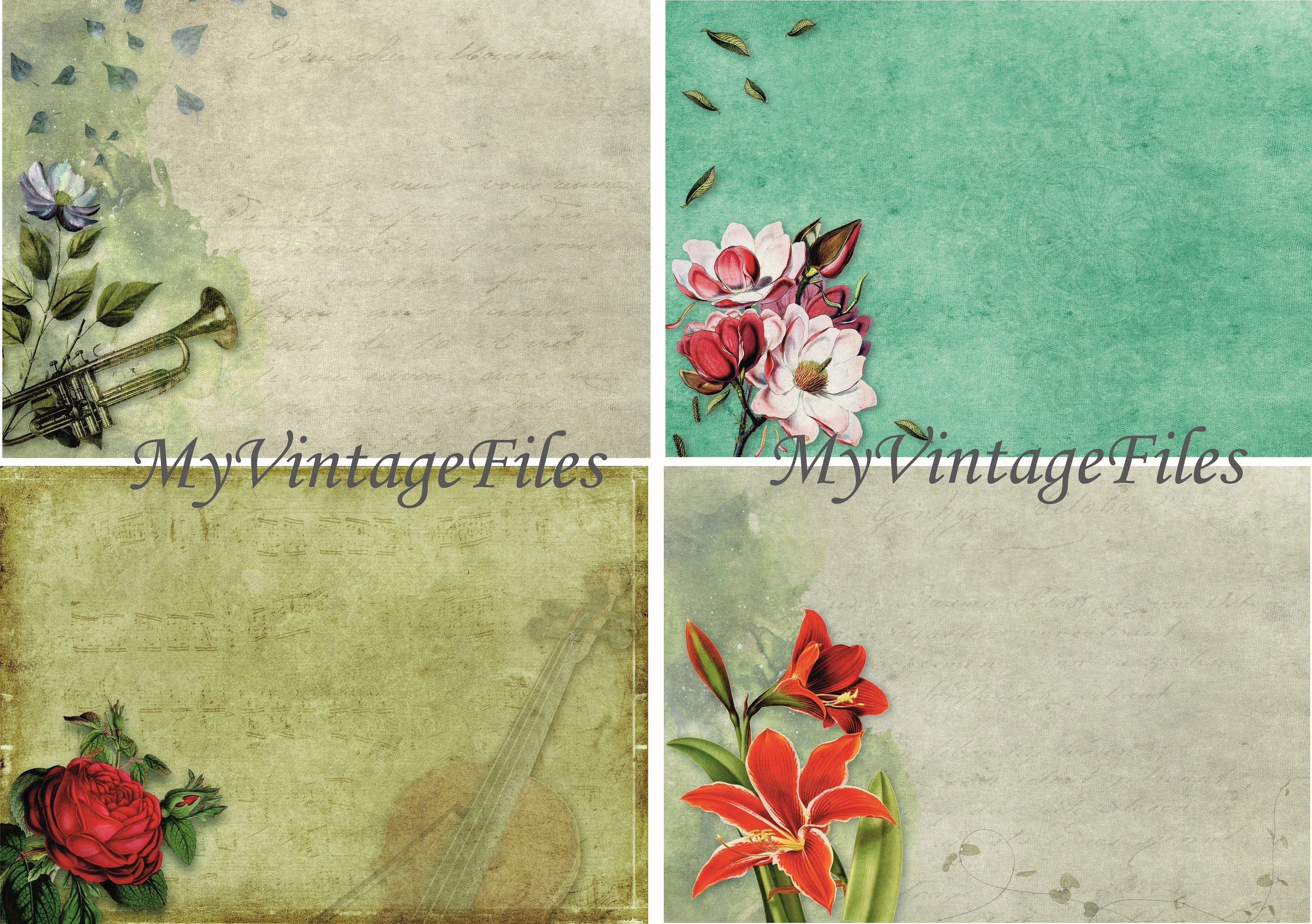 Flowers Digital Postcards Printable Images Scrapbooking Etsy