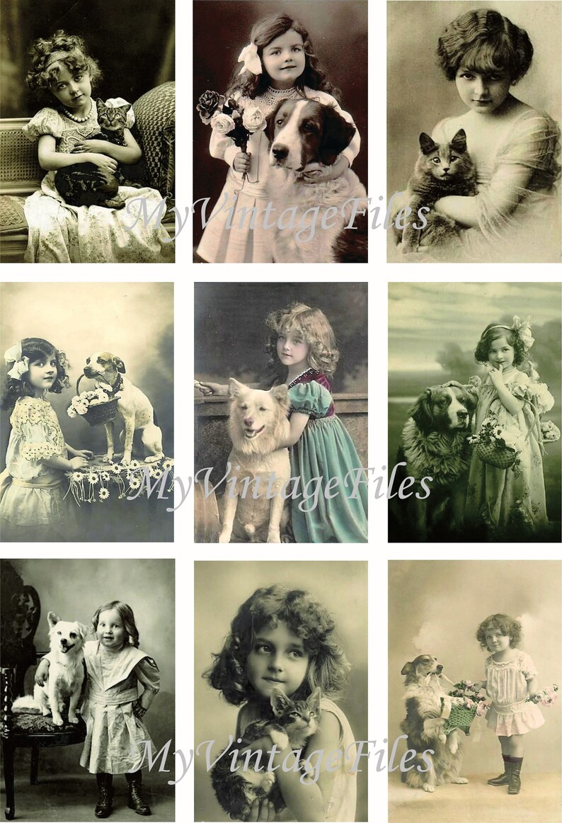 9 Printable Vintage Girls Postcards Digital Retro Pets Etsy