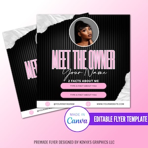Pode incluir: Fundo listrado preto e branco com uma sobreposi&ccedil;&atilde;o de texto rosa e branco que diz "Meet the Owner Your Name 2 Facts About Me". Existem dois bot&otilde;es rosa que dizem "Type a Fact About You". A imagem tamb&eacute;m inclui uma foto de perfil de uma mulher com cabelo escuro e maquiagem. A parte inferior da imagem inclui &iacute;cones de m&iacute;dia social e o texto "Made in Canva Editable Flyer Template Premade Flyer Designed by Kenya's Graphics LLC".