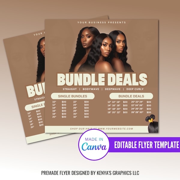 Hair Bundle Sale Flyer, DIY Hair Pricelist Flyer, Editable Hair Flyer, Bundle Deals, Hair Extensions Wig Flyer, Editable Canva Template