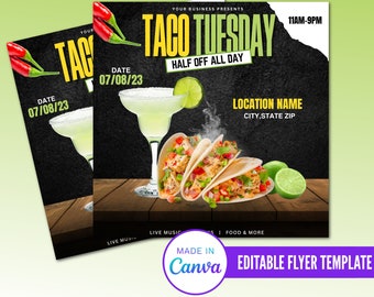 Volante de Taco Tuesday, Volante editable de Taco Tuesday, Volante de negocio de comida, Plantilla de Canva, Volante "Hazlo tú mismo"