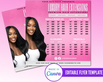 DIY Hair Pricelist Flyer, Editable Hair Flyer, Bundle Deals, Hair Extensions Wig Flyer, Editable Canva Template