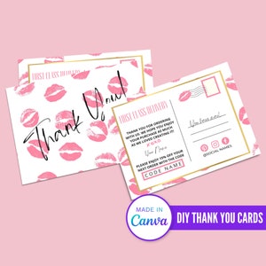 Biglietto di ringraziamento fai da te, cartolina postale fai da te, design labbra bacio, piccoli biglietti da visita, biglietti da imballaggio, forniture di spedizione, biglietti da visita stampabili