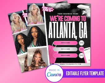 Atlanta Travel Booking Flyer, Hair Stylist Travel, MUA Travel Flyer, Editable Traveling Booking Flyer, Lash Tech, Nail Tech, Canva Template
