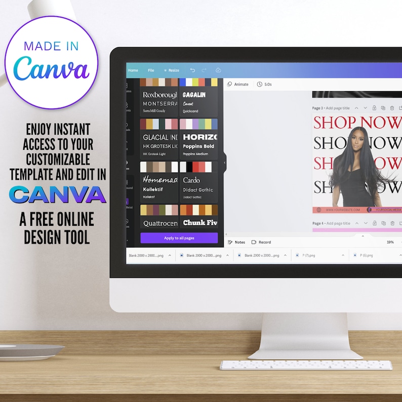 May include: A computer screen displaying the Canva website with the text "Made in Canva" and "Enjoy instant access to your customizable template and edit in Canva. A free online design tool." The screen shows a design template with the text "Shop Now" in a large font.