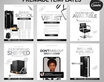 Black and White Beauty Business Canva Templates | 6 Editable Instagram Flyers | Premade Social Media Bundle for Hair, Lash & Nail