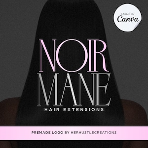 Logo predefinito per extension per capelli / Modello di logo Canva di lusso rosa e nero / Branding di bellezza modificabile / Logo per salone / Noir Mane