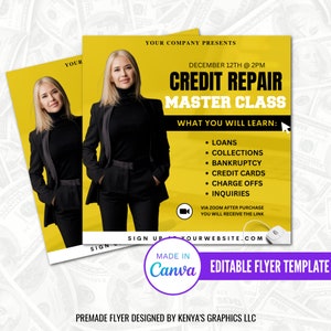Folleto de redes sociales sobre reparación de crédito, folleto de restauración de crédito, reparación de crédito, folleto de redes sociales, plantilla editable de Canva, curso de reparación de crédito