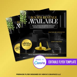 Puede incluir: Folleto negro y dorado que anuncia "Alquileres de cabinas disponibles". El folleto presenta una silla de salón negra y enumera lo que se incluye y los profesionales buscados. Es una plantilla prefabricada.