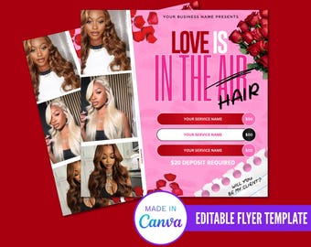 Love Is In The Hair Flyer, Editable Valentines Hair Themed Flyer, Edit In Canva Flyer, Hair Industry Flyer
