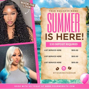 Summer Sale Bookings flyer, Summer Sale Flyer, June Booking Flyer, Summer Booking Flyer, June Books Open, Summer Hair Flyer, Canva Editable