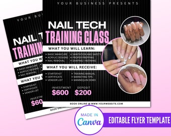 Puede incluir: Un folleto negro y rosa que anuncia una clase de capacitación de técnico de uñas. El folleto incluye el texto "Nail Tech Training Class", "What You Will Learn" y "What You Will Receive". El folleto también incluye un precio de $600 para la inversión y $200 para el depósito. El folleto está hecho en Canva y es una plantilla de folleto editable.