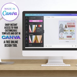 May include: A computer screen displaying a Canva design template for a "Hands On" workshop. The template features a woman with long black hair, a pink background, and the text "Hands On With Braids" in white. The workshop is in Austin, TX on Saturday, August 27th. The price is $1,300 with a $450 deposit.