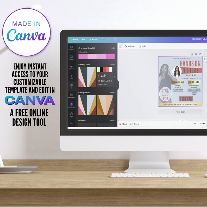 May include: A computer screen displaying a Canva design template for a "Hands On" workshop. The template features a woman with long black hair, a pink background, and the text "Hands On With Braids" in white. The workshop is in Austin, TX on Saturday, August 27th. The price is $1,300 with a $450 deposit.