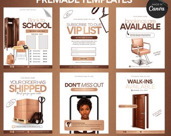 Brown Beauty Business Canva Templates | 6 Editable Instagram Flyers | Premade Social Media Bundle for Hair, Lash & Nail