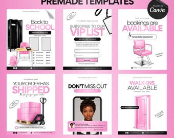 Pink Beauty Business Canva Templates | 6 Editable Instagram Flyers | Premade Social Media Bundle for Hair, Lash & Nail