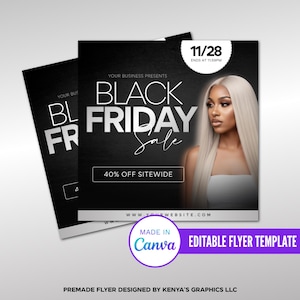 Puede incluir: Folleto de rebajas del Black Friday con una mujer de pelo largo y rubio. El folleto tiene el texto "BLACK FRIDAY Sale" en letras plateadas, con "40% OFF SITEWIDE" debajo. El folleto es una plantilla prefabricada, diseñada por Kenya's Graphics LLC.