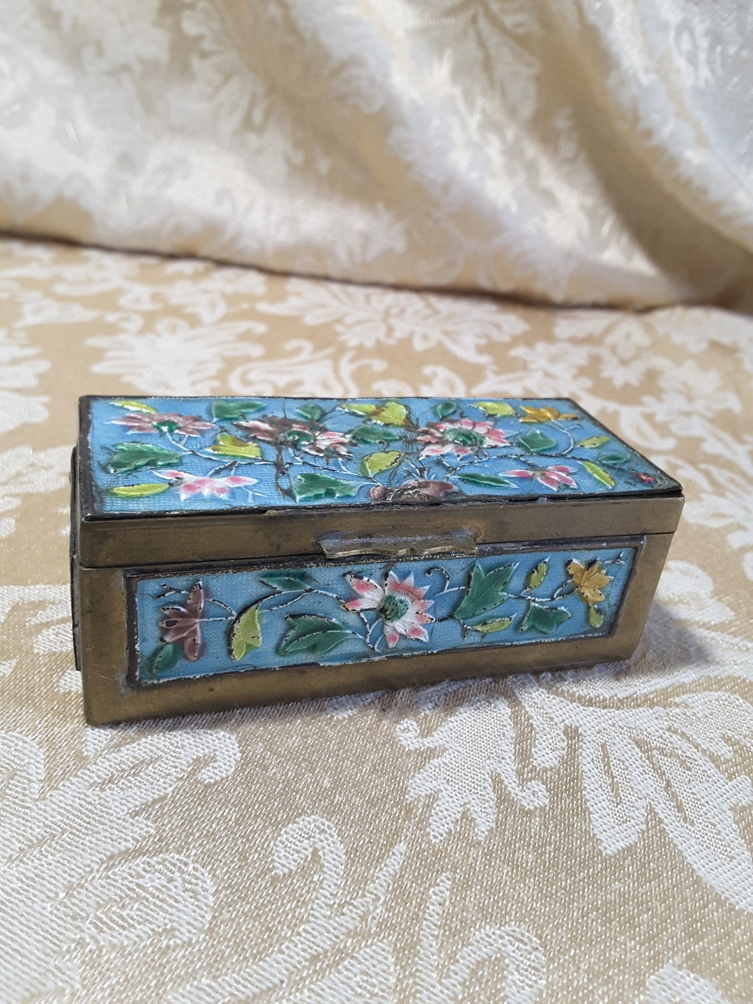 Box Vintage Brass and Enameled Hinged Coffin Style Pin Box - Etsy