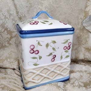 Vintage Cherry Hand-Painted Cookie Jar - StoneLite Clay, Airtight Lid