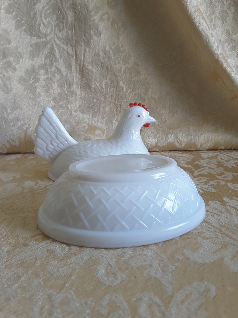 Milk Glass Hen Candy Dish Painted Face Red Comb Etsy