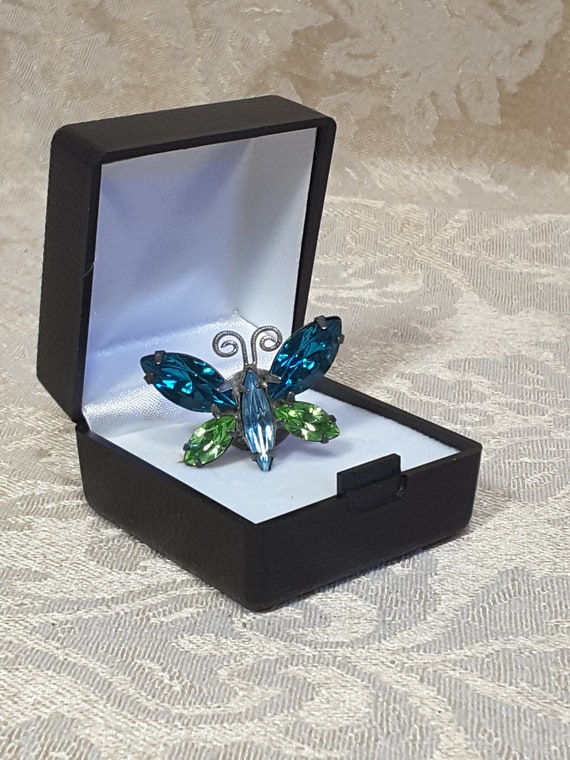 Butterfly Rhinestone Pin Sparkly Blues And Greens