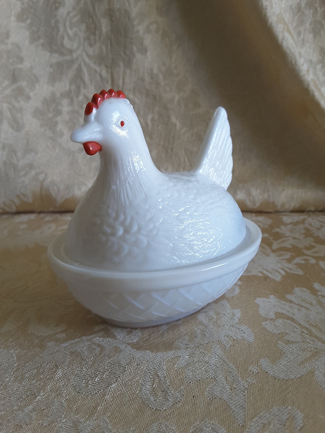 Milk Glass Hen Candy Dish Painted Face Red Comb Etsy