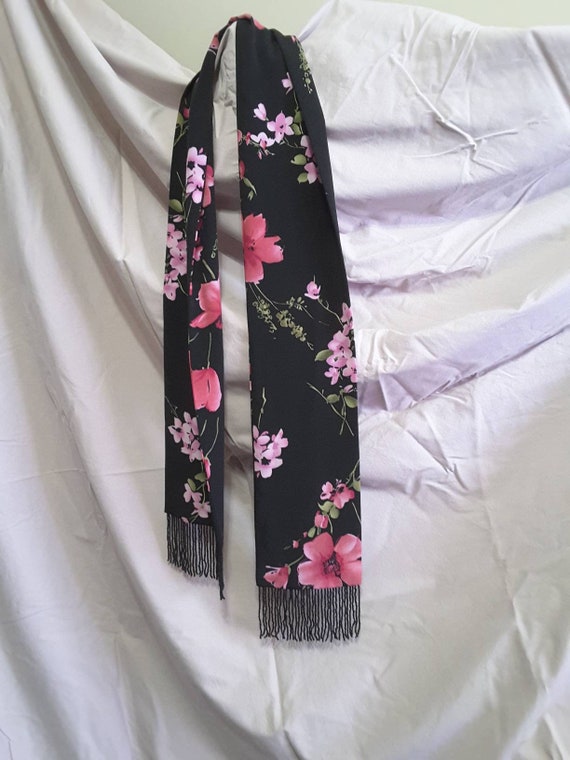Beautiful Black Red Pink Floral Scarf with Glass B