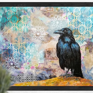 Raven painting, unframed print, colorful art print, Free Spirit painting by Veronica Newell, crow raven artwork by Canadian artist image 1