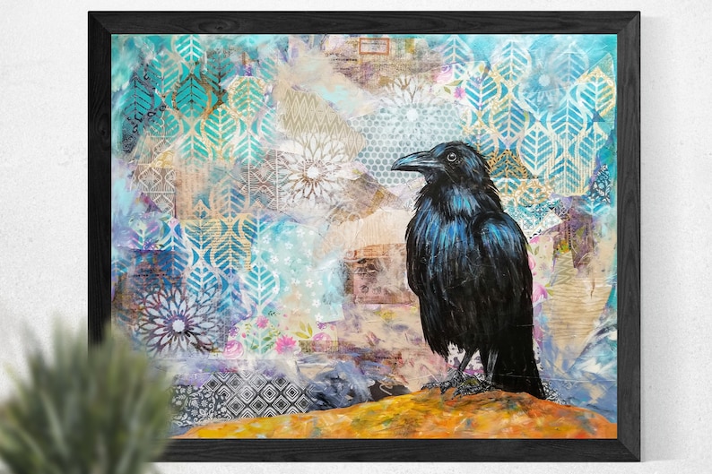 Raven painting, unframed print, colorful art print, Free Spirit painting by Veronica Newell, crow raven artwork by Canadian artist image 1