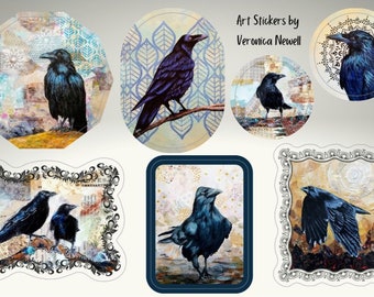 Raven crow decals, 4x6" waterproof vinyl sticker sheet, from original paintings by Veronica Newell, Canadian artist