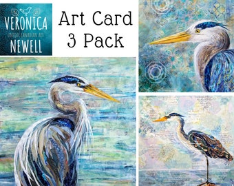 Heron art cards, set of three, paintings by Veronica Newell Canadian artist, Great Blue Heron