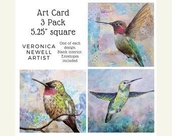 Hummingbird card pack, animal lover, birdwatcher gift, colorful artwork by Canadian artist, blank interior, three square art cards