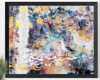 Original abstract painting with seagull, unframed mixed media painting, "The Breath of Life" Canadian art by Veronica Newell