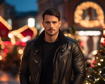 AI Male Model: Bad Boy Biker at Christmas, Romance Novel Cover Model, AI Photography, Handsome Man Portrait, Photos for FB Ads
