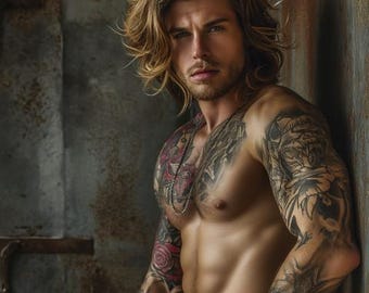 Bad Boy AI Male Model | Tattooed Handsome Man | Romance Novel Cover Model | AI Photography Portrait for Book Covers and Ads