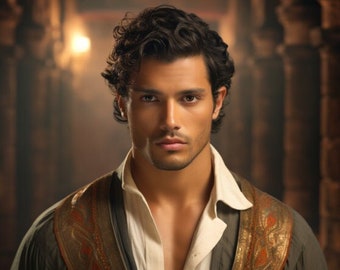 AI  Male Model: Historical Male Romance Novel Cover Model, AI Photography, Elegant Man in Historical Dress, Portrait, Mixed Race Model