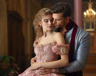 AI Female and Male Model: Historical Couple Romance Novel Cover Model, AI Photography, Elegant Couple in Historical Dress, Portrait