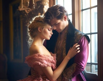 AI Female and Male Model: Historical Couple Romance Novel Cover Model, AI Photography, Elegant Couple in Historical Dress, Portrait
