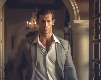 Modelo masculino de IA: modelo de portada de novela romántica, fotografía de IA, retrato de hombre guapo, fotos para anuncios de Facebook, portada de Vella