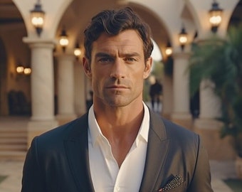 Modelo masculino de IA: modelo de portada de novela romántica, fotografía de IA, retrato de hombre guapo, fotos para anuncios de Facebook, portada de Vella