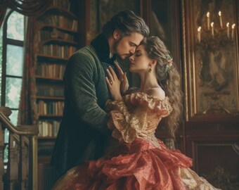 AI Female and Male Model: Historical Couple Romance Novel Cover Model, AI Photography, Elegant Couple in Historical Dress, Portrait