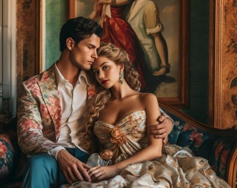 AI Female and Male Model: Historical Couple Romance Novel Cover Model, AI Photography, Elegant Couple in Historical Dress, Portrait